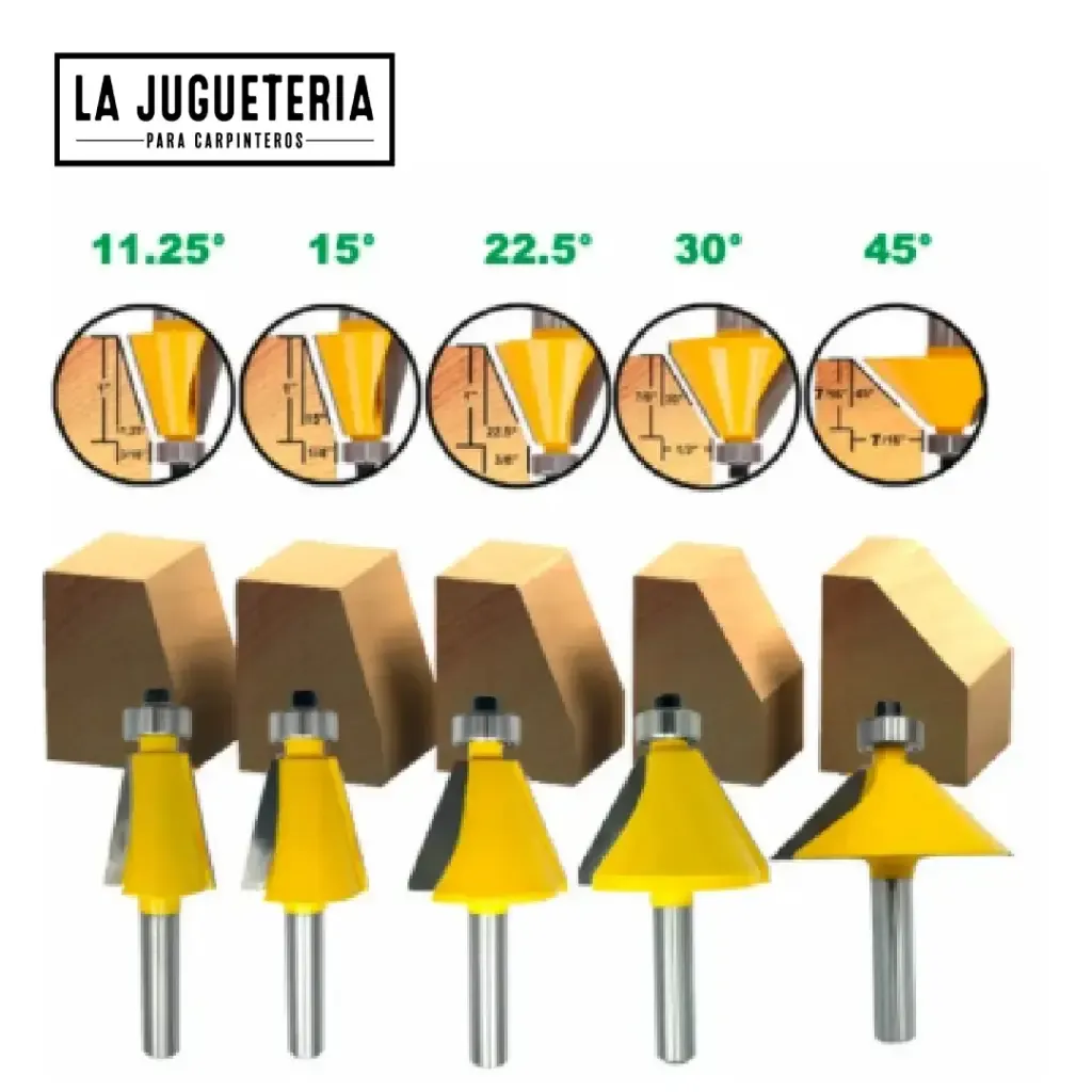 Fresa de Chaflán | Ángulos 11.25° , 15º, 22.5º , 30º y 45° | Para Bordes y Biseles en Madera , vástago 1/4"   Ref:P97