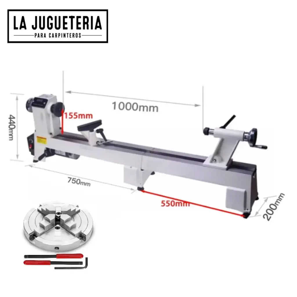 Torno para madera 550W tamaño de trabajo 30 cm x 95cm con cama de extensión y Chuck de garras de 6"