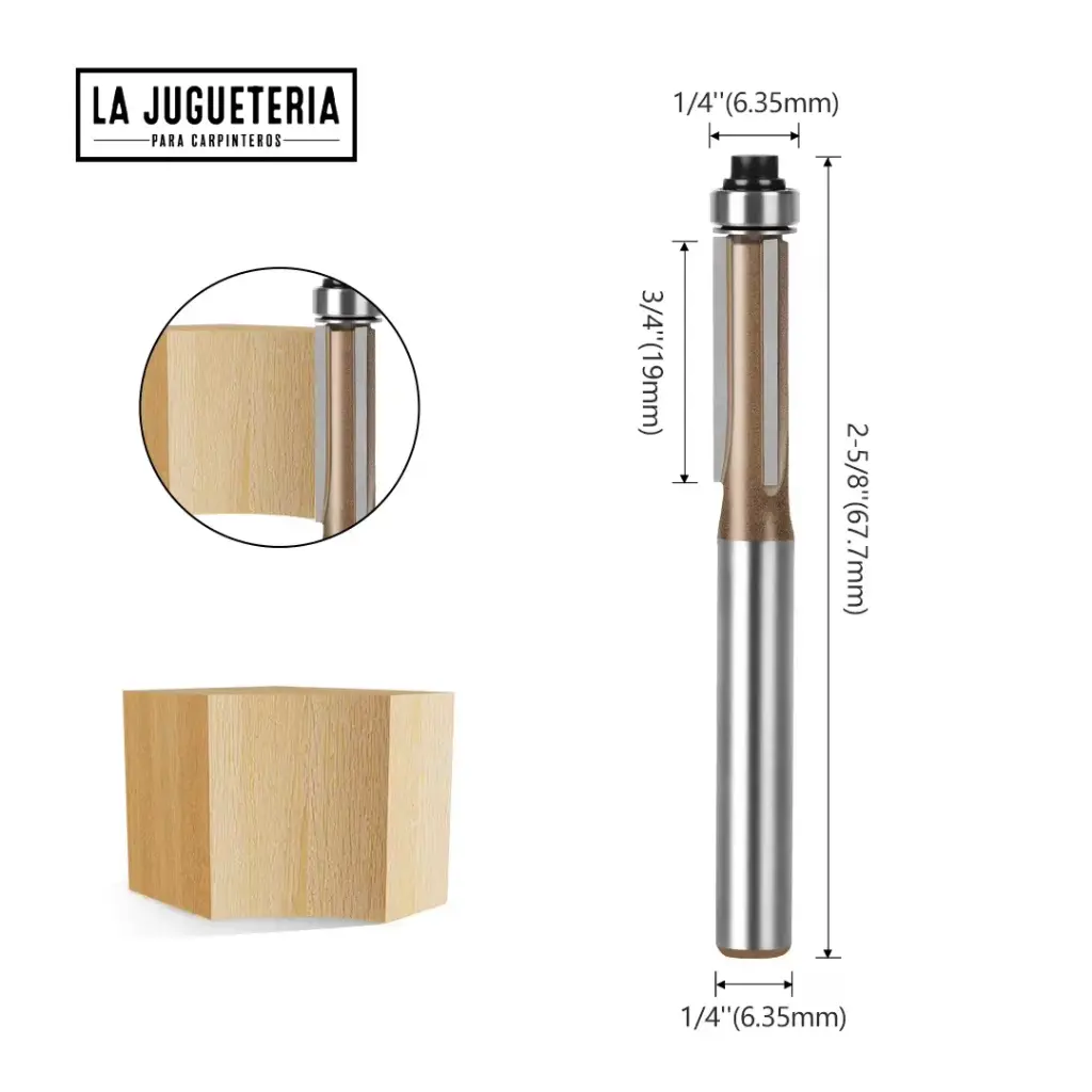 Fresa Recta copiadora con Rodamiento de 1/4" x 3/4" – Para Rebajes, Plantillas y Enrasados Ref:P118