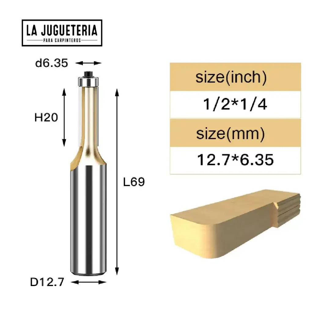 [A2029] Fresa Recta copiadora con Rodamiento de  1/4” x 20mm de corte – Corte Preciso con Vástago de 1/2"  Ref:G109