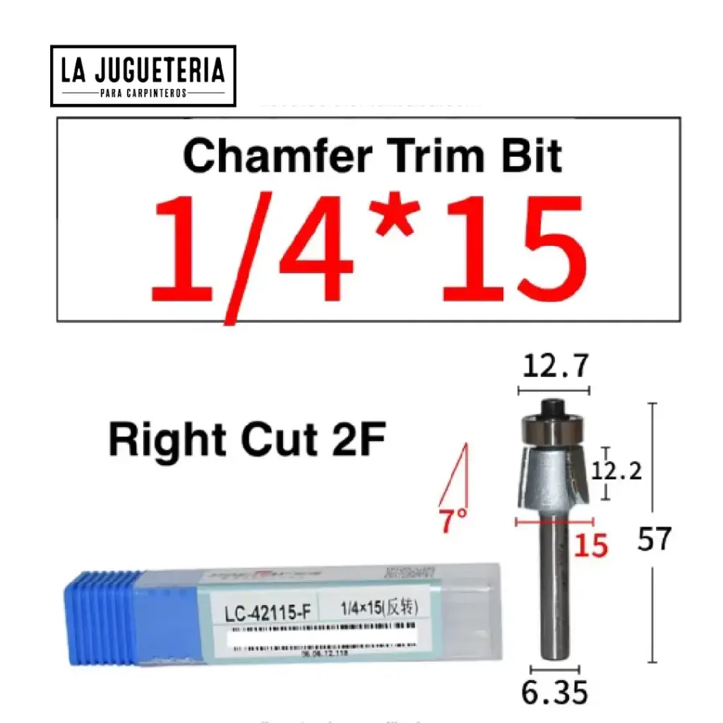 [A2039] Fresa recortadora de tapeta Tideway 15mm y 7º– Vástago 1/4", Corte Derecho Ref:P117
