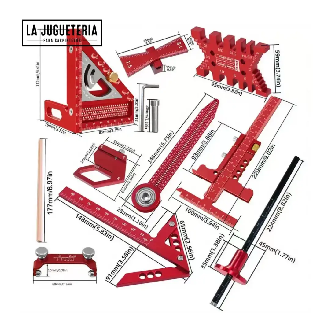 [A2046] Kit de herramientas de medición y escuadras de carpintería con estuche rígido – 1 unidad