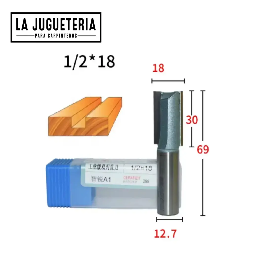 [A2049] Fresa recta CNC – Corte 18 mm, profundidad 30 mm, vástago 1/2" (12.7 mm) Ref:G116