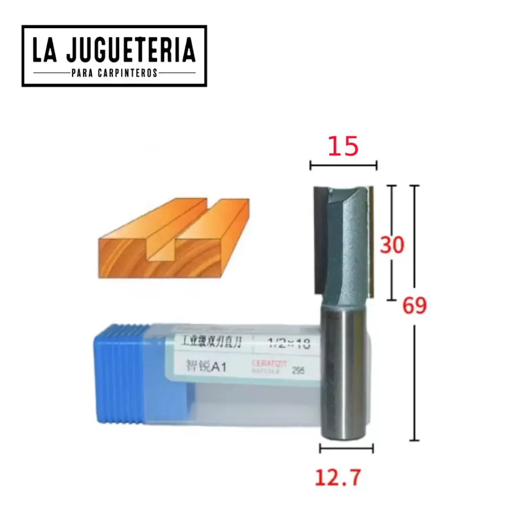 [A2050] Fresa recta CNC – Corte 15 mm, profundidad 30 mm, vástago 1/2" (12.7 mm) Ref:G117