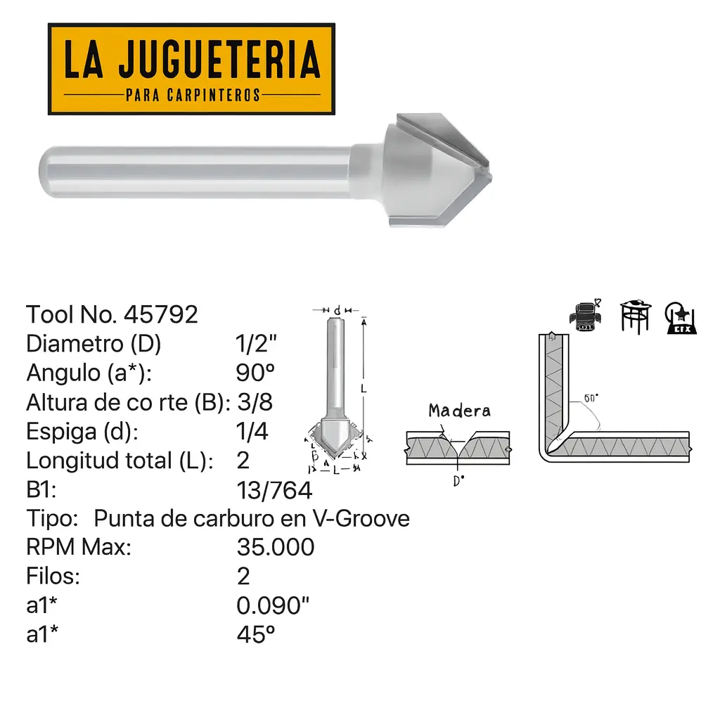[A2060] Fresa de Carburo en V 90° – 1/2" Ø x 3/8" Corte, Vástago 1/4", 2 Filos Ref:P123