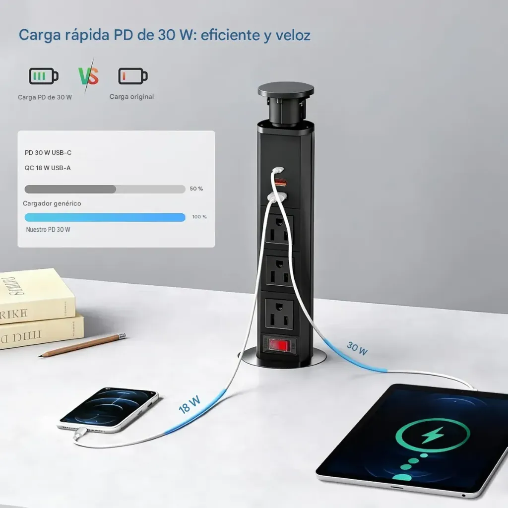 Enchufe Pop-Up Retráctil Oculto — 3 Tomas 110V + USB-C PD 30W + 2 USB-A