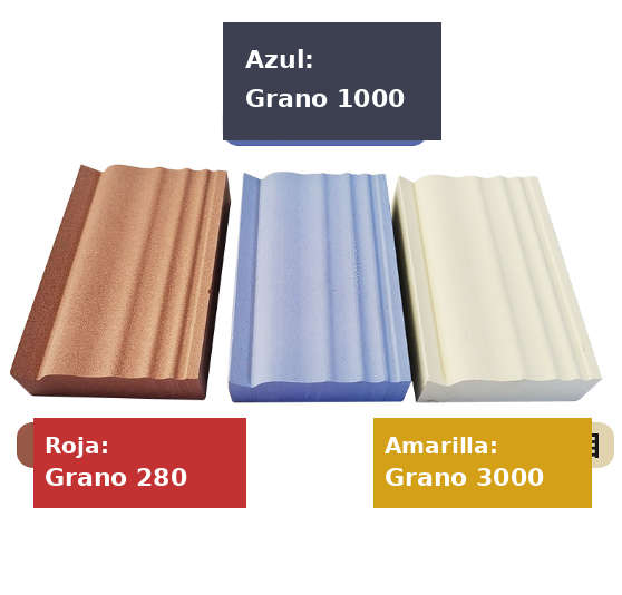 [A2184] Piedra de Afilar Perfilada para Gubias y Formones - Grano 1000 Azul - Grano 3000 Amarilla - Grano 280 Naranja.