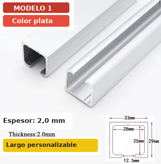 [A2191] Riel de Aluminio para Puerta Corredera Suspendida - Sección 33×29mm - Largo 1m - Plata Anodizado