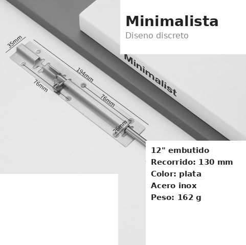 [A2195] Pestillo Embutido para Puerta Doble - 12 Pulgadas (305mm) - Acero Inox Plata Cepillado