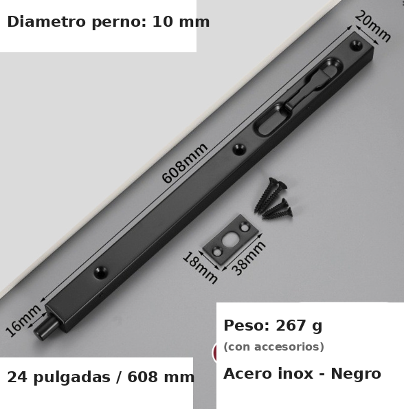 [A2196] Pestillo Embutido Largo para Portón o Puerta Doble Alta - 24 Pulgadas (608mm) - Inox Negro Mate