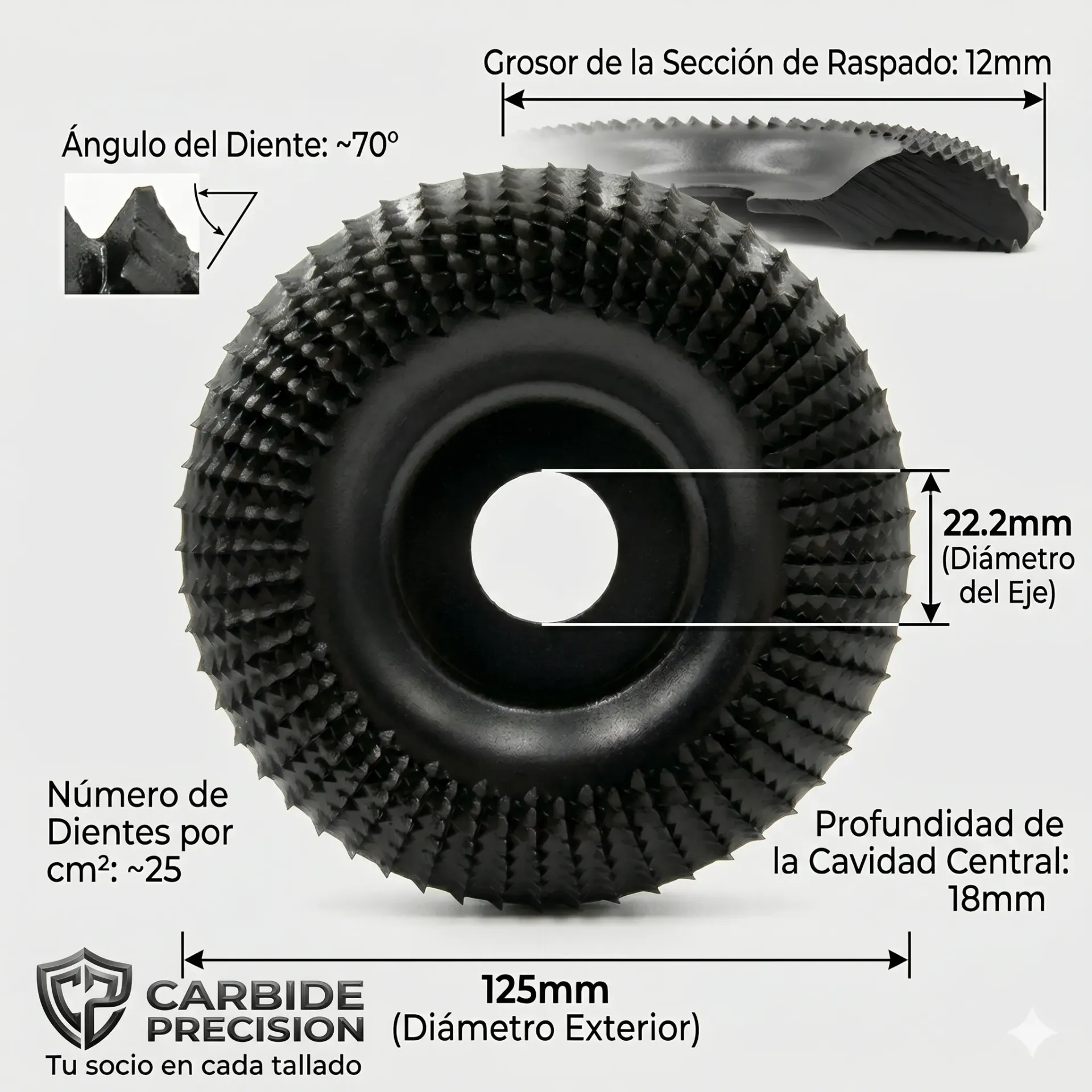 [A2200] Disco escofina abrasivo para madera de 125 mm  para tallado de madera. Color negro