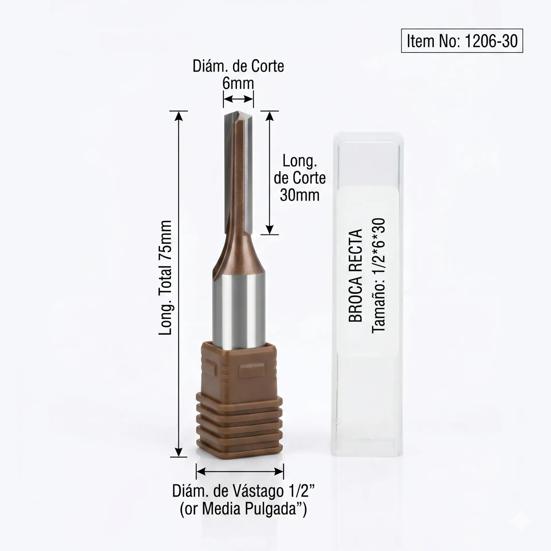 [A2224] Broca Fresa Recta CNC para Carpintería 6mm × 30mm – Vástago 1/2" – 2 Filos Carburo Ref: G139