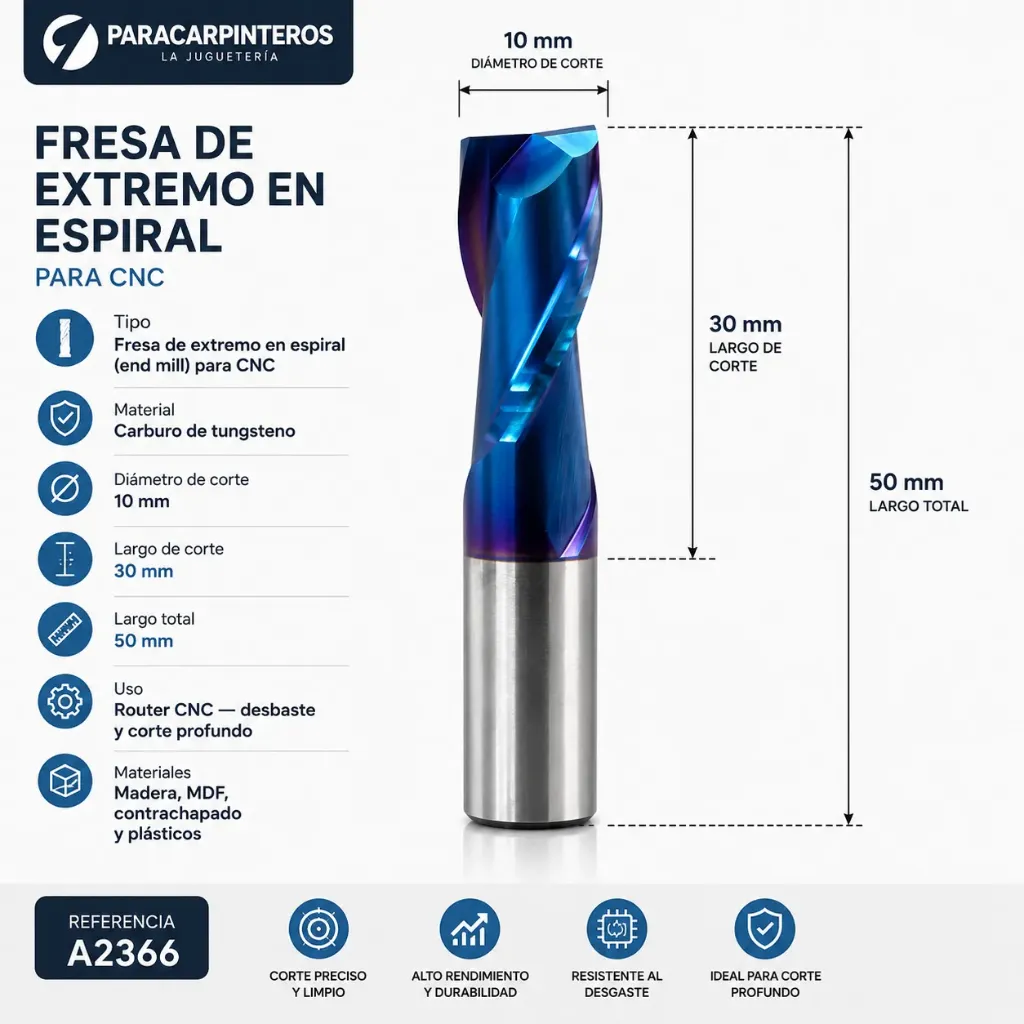 Fresa de Extremo en Espiral de Carburo 10 mm x 30 mm de corte para CNC