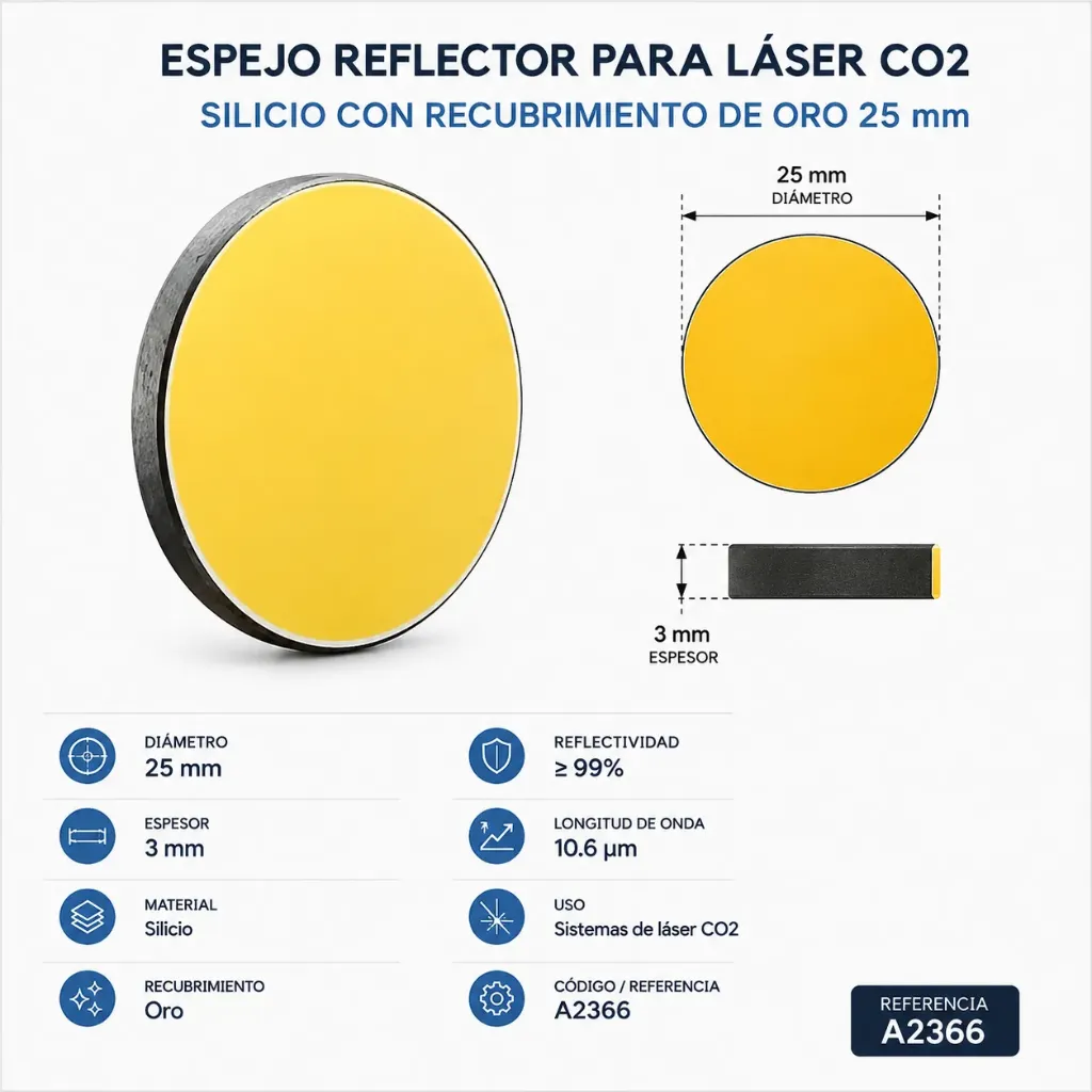 [A2367] Espejo Reflector para Láser CO2 — Silicio con Recubrimiento de Oro 25 mm