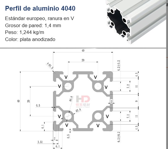 Perfil de aluminio 4040 - 250cm. Tipo V. Color Plata