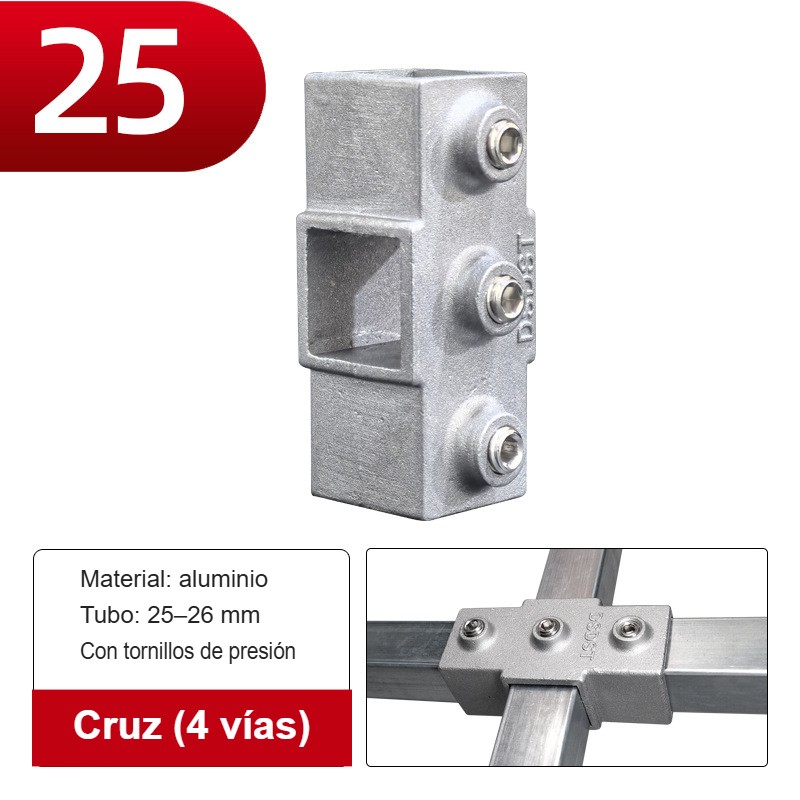 Conector de tubo cuadrado en cruz (4 vías) de aluminio con tornillos de presión para tubos de 25mm (1 pulgada x 1 pulgada)