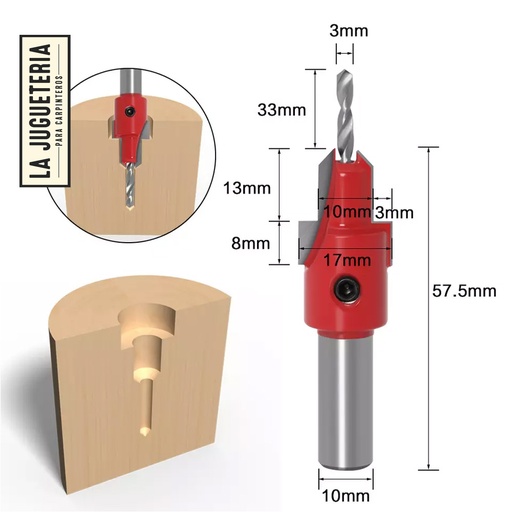 Avellanador para madera TCT de 10 mm y 17 mm para tornillos hexagonal