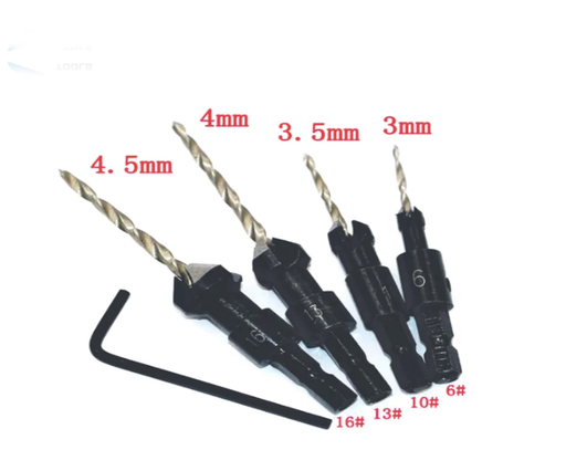 [17] Brocas Avellanadoras de 45º para Madera - Set de 4 unidades, medidas 4.5mm, 4mm, 3.5mm y 3mm