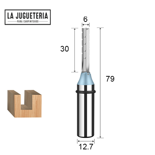 [A408] Fresa tipo flauta de corte recto 6*30 corte para CNC y router. Vástago de 1/2". Ref.G29