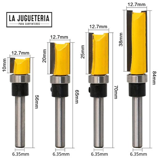 [A414] Fresas de corte recto, copiadoras con 1 rodamiento. Vástago de 1/4". Set 4 pcs. Ref.P15