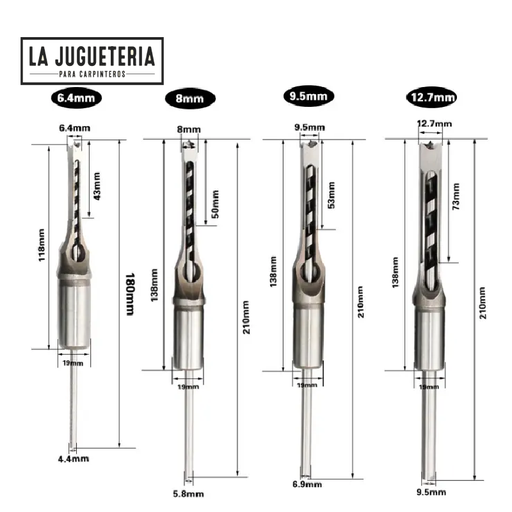 Brocas cuadradas escoplo ó mortiser 6.4-8-9.5-12.7mm. Set 4 pcs