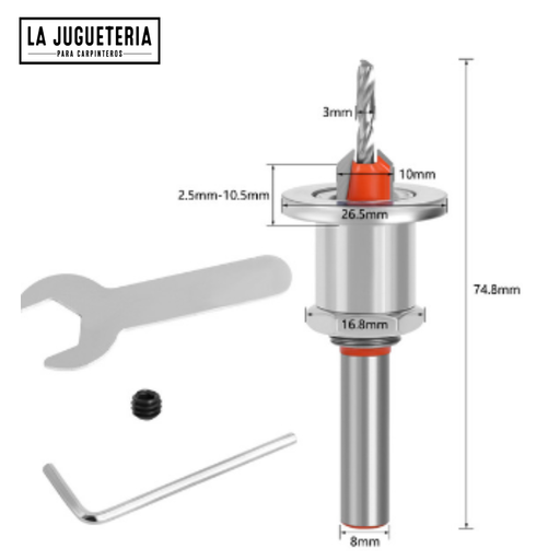 Avellanador 3.0 x 10 mm de cuello con tope Ajustable para madera profundidad 2.5-10.5 mm