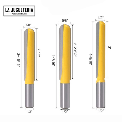 [A421] Fresas nariz redonda (Round nose) 2-1/2", 2-29/32" y 3". Vástago 1/2". Set 3 pcs. Ref.G51