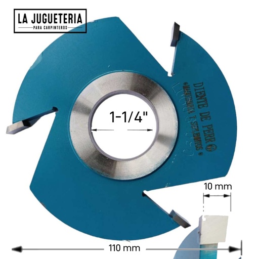 Fresa Diente de Perro para trompo industrial. Ranurado con 3 alas de carburo de tunsgteno para trabajos pesados.Diámetro: 4,3" (110 mm). Altura de corte: 3/8" (10 mm). Diámetro del agujero: 1-1/4" (31,75 mm)
