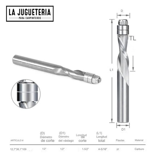 [A973] Copiadora de carburo sólido Down Cut con doble rodamiento 1/2"x1/2"x1-1/2"x4-5/16" Ref:G62