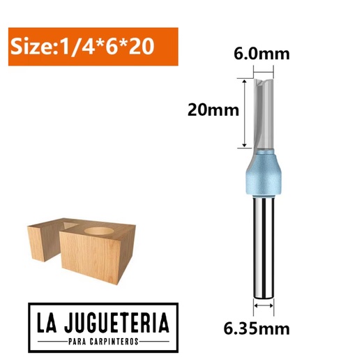 [A1034] Fresa tipo flauta de corte recto 6*20 corte para CNC y router. Vástago de 1/4". Ref.P63