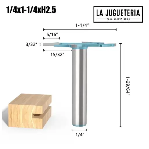 [A975] Cortador de Ranurado Longitud 31.8*H2.5 “T” de 4 Bordes con Vástago de 1/4" (6,35 mm) – Broca Router de Grado Industrial para Madera Ref:P65
