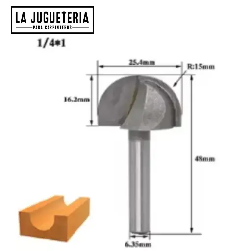 Fresa de Media Caña para Router 1/4" x 1" - Radio 15 mm, Mango 6.35 mm  Noise – Broca Router de Grado Industrial para Madera Ref:P69
