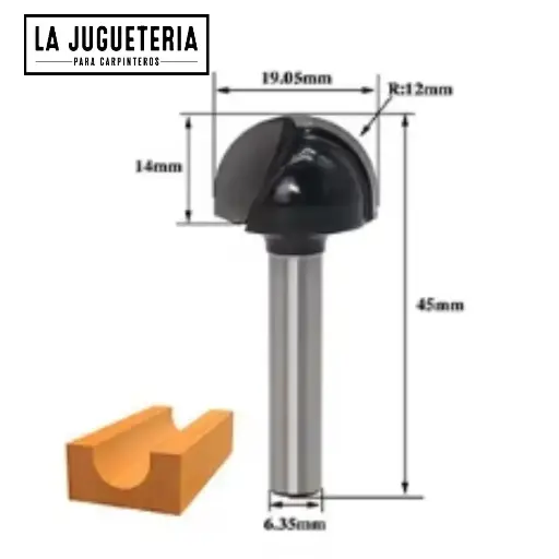 Fresa de Media Caña para Router 1/4" x 1/4" - Radio 6.35 mm, Mango 6.35 mm Nose Ref:P72