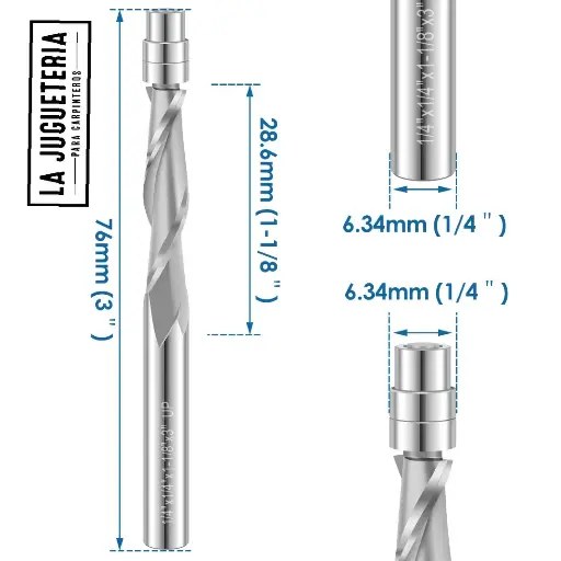Fresa copiadora en espiral UP CUT 1/4x1/4"x1" 1/8 x3" 2F Vástago 1/4"  Ref.P73 