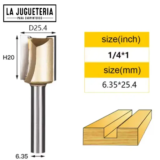 Fresa recta CNC – Corte 1" (25.4 mm), profundidad 20 mm, vástago 1/4" (6.35 mm)  Ref:P83