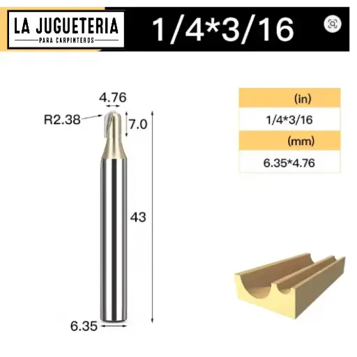 Fresa CNC Round Nose / Media Caña – Corte 3/16" (4.76 mm), radio 2.38 mm, vástago 1/4" (6.35 mm) Ref:P85