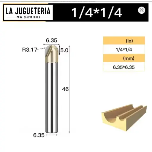 Fresa CNC Round Nose / Media Caña – Corte 1/4" (6.35 mm), radio 3.17 mm, vástago 1/4" (6.35 mm)  Ref:P86