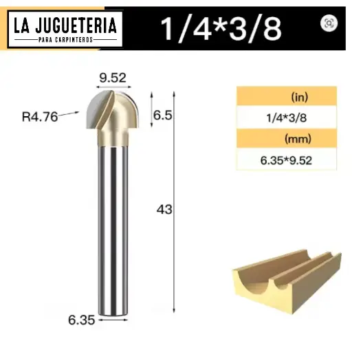 Fresa CNC Round Nose / Media Caña – Corte 3/8" (9.52 mm), radio 4.76 mm, vástago 1/4" (6.35 mm)  Ref:P88