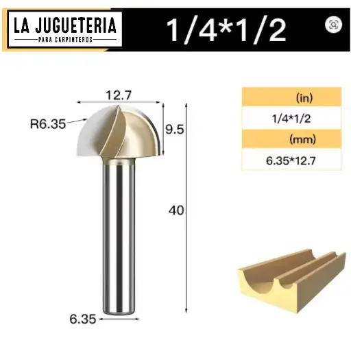 Fresa CNC Round Nose / Media Caña – Corte 1/2" (12.7 mm), radio 6.35 mm, vástago 1/4" (6.35 mm)  Ref:P89