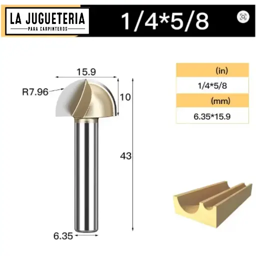 Fresa CNC Round Nose / Media Caña – Corte 5/8" (15.9 mm), radio 7.96 mm, vástago 1/4" (6.35 mm) Ref:P90