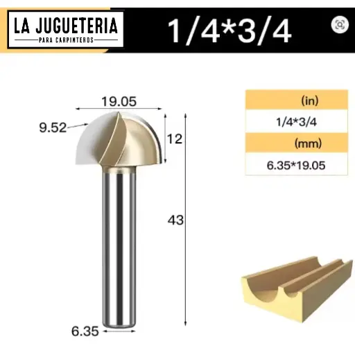 Fresa CNC Round Nose / Media Caña – Corte 3/4" (19.05 mm), radio 9.52 mm, vástago 1/4" (6.35 mm)  Ref:P91