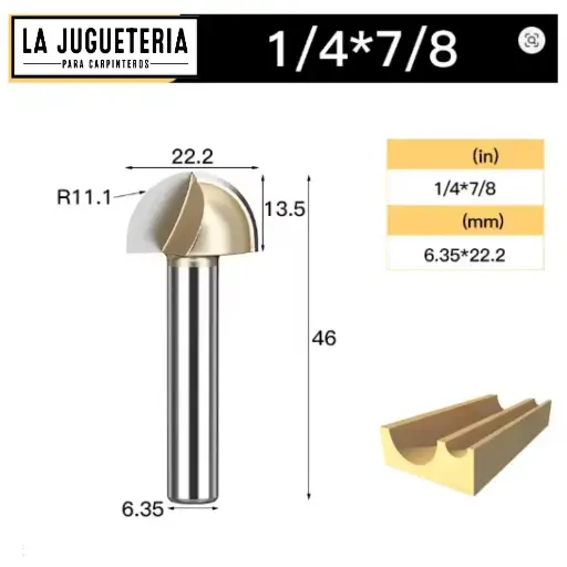 Fresa CNC Round Nose / Media Caña – Corte 7/8" (22.2 mm), radio 11.1 mm, vástago 1/4" (6.35 mm)  Ref:P92