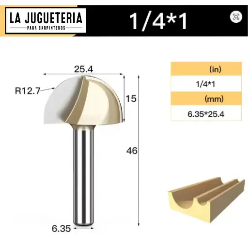 Fresa CNC Round Nose / Media Caña – Corte 1" (25.4 mm), radio 12.7 mm, vástago 1/4" (6.35 mm) Ref:P93