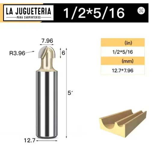 Fresa CNC Round Nose / Media Caña – Corte 5/16" (7.96 mm), radio 3.96 mm, vástago 1/2" (12.7 mm)  Ref:G91