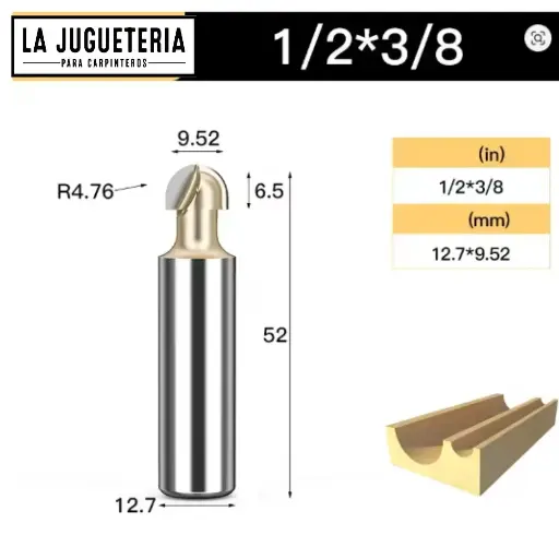 Fresa CNC Round Nose / Media Caña – Corte 3/8" (9.52 mm), radio 4.76 mm, vástago 1/2" (12.7 mm)  Ref:G92