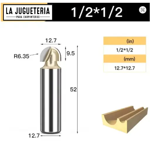 Fresa CNC Round Nose / Media Caña – Corte 1/2" (12.7 mm), radio 6.35 mm, vástago 1/2" (12.7 mm)  Ref:G93