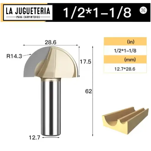 Fresa CNC Round Nose / Media Caña – Corte 1-1/8" (28.6 mm), radio 14.3 mm, vástago 1/2" (12.7 mm)  Ref:G98