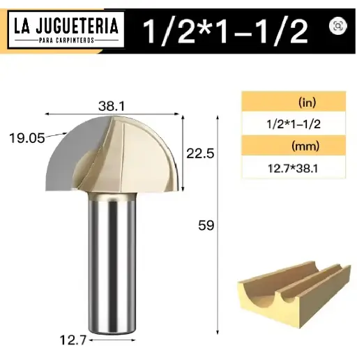 Fresa CNC Round Nose / Media Caña – Corte 1-1/2" (38.1 mm), radio 19.05 mm, vástago 1/2" (12.7 mm) Ref:G101