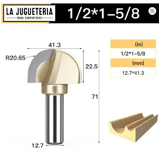 Fresa CNC Round Nose / Media Caña – Corte 1-5/8" (41.3 mm), radio 20.65 mm, vástago 1/2" (12.7 mm)  Ref:G102