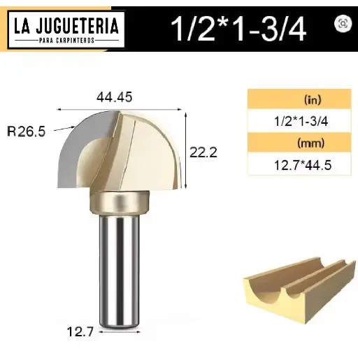 Fresa CNC Round Nose / Media Caña – Corte 1-3/4" (44.45 mm), radio 26.5 mm, vástago 1/2" (12.7 mm)  Ref:G103